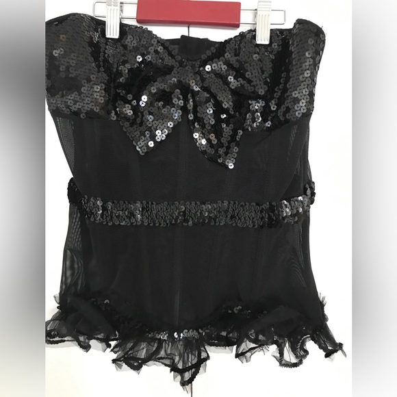🤩 HOST PICK 💝 Black Sequin Bow Coquette Corset Bustier Size L Black Tie - Picture 3 of 7